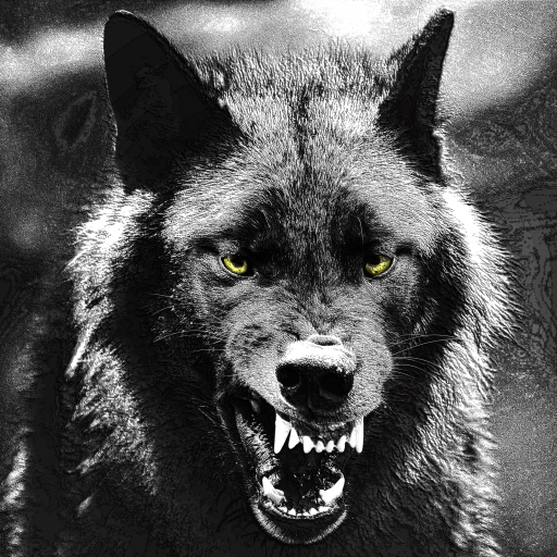 A black wolf with brilliant yellow eyes, snarls showing large teeth. 